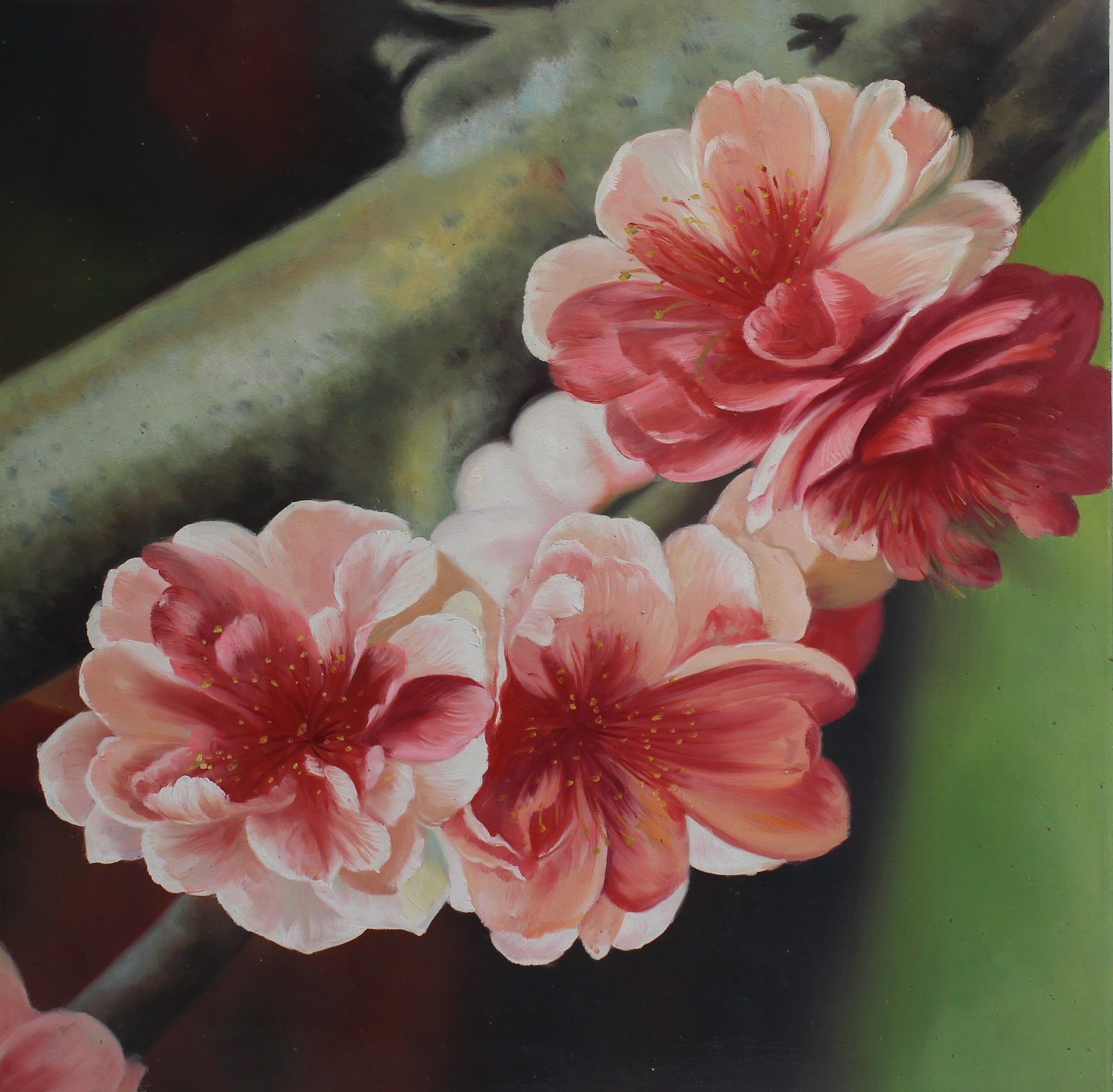 Peinture détaillée de quatre fleurs roses