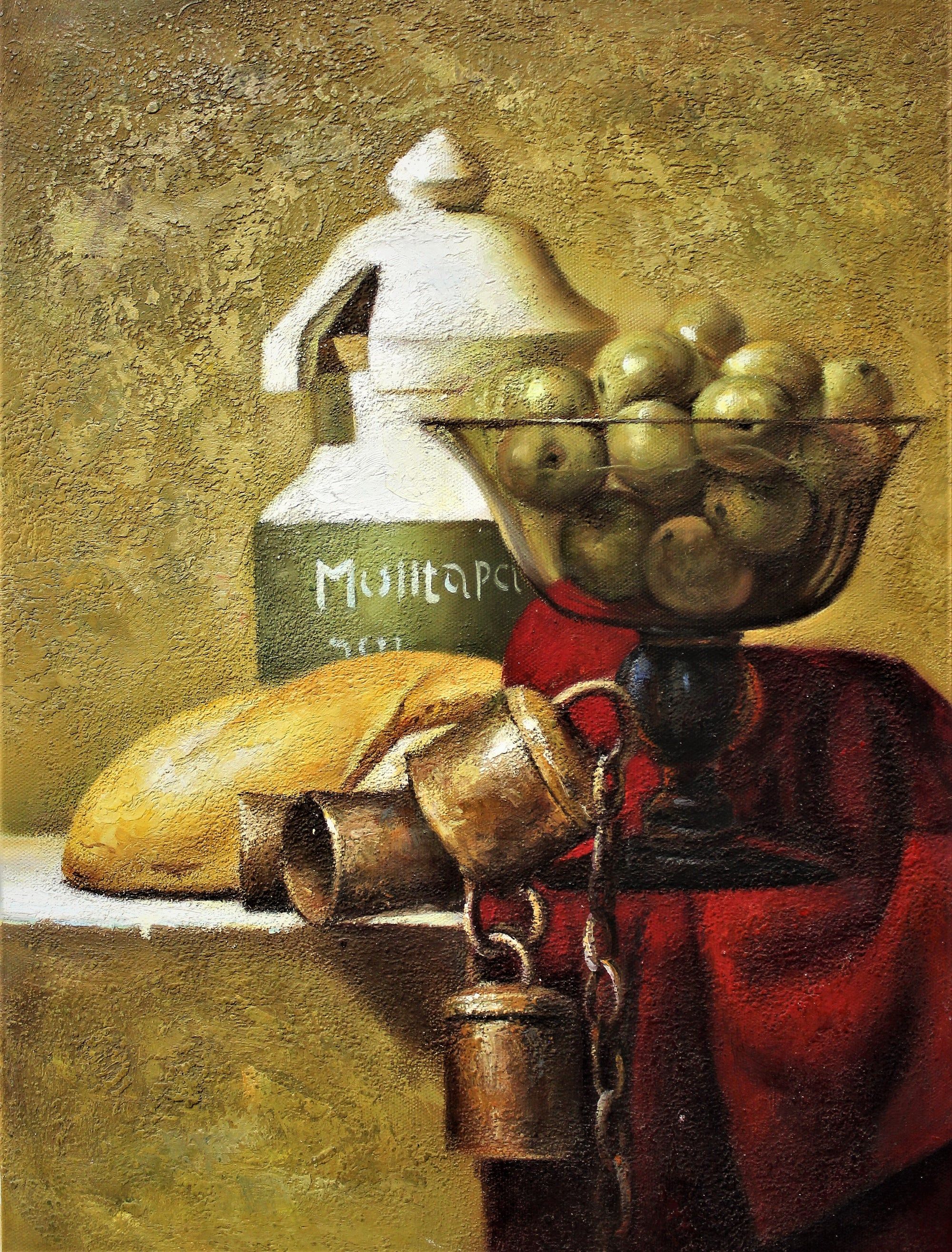 Nature morte d'olives et de pain sur une table