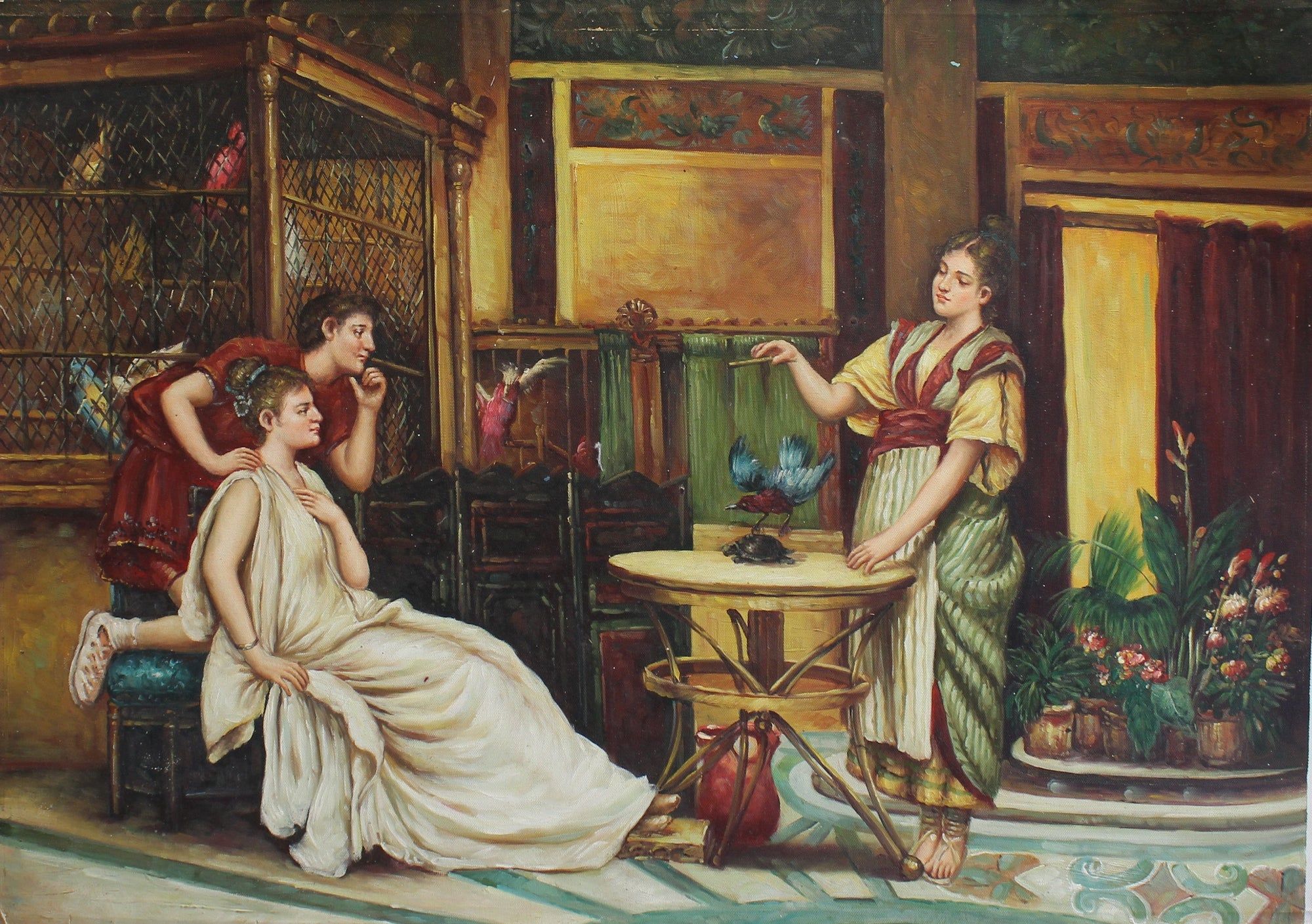 Trois personnages dans une pièce avec des oiseaux
