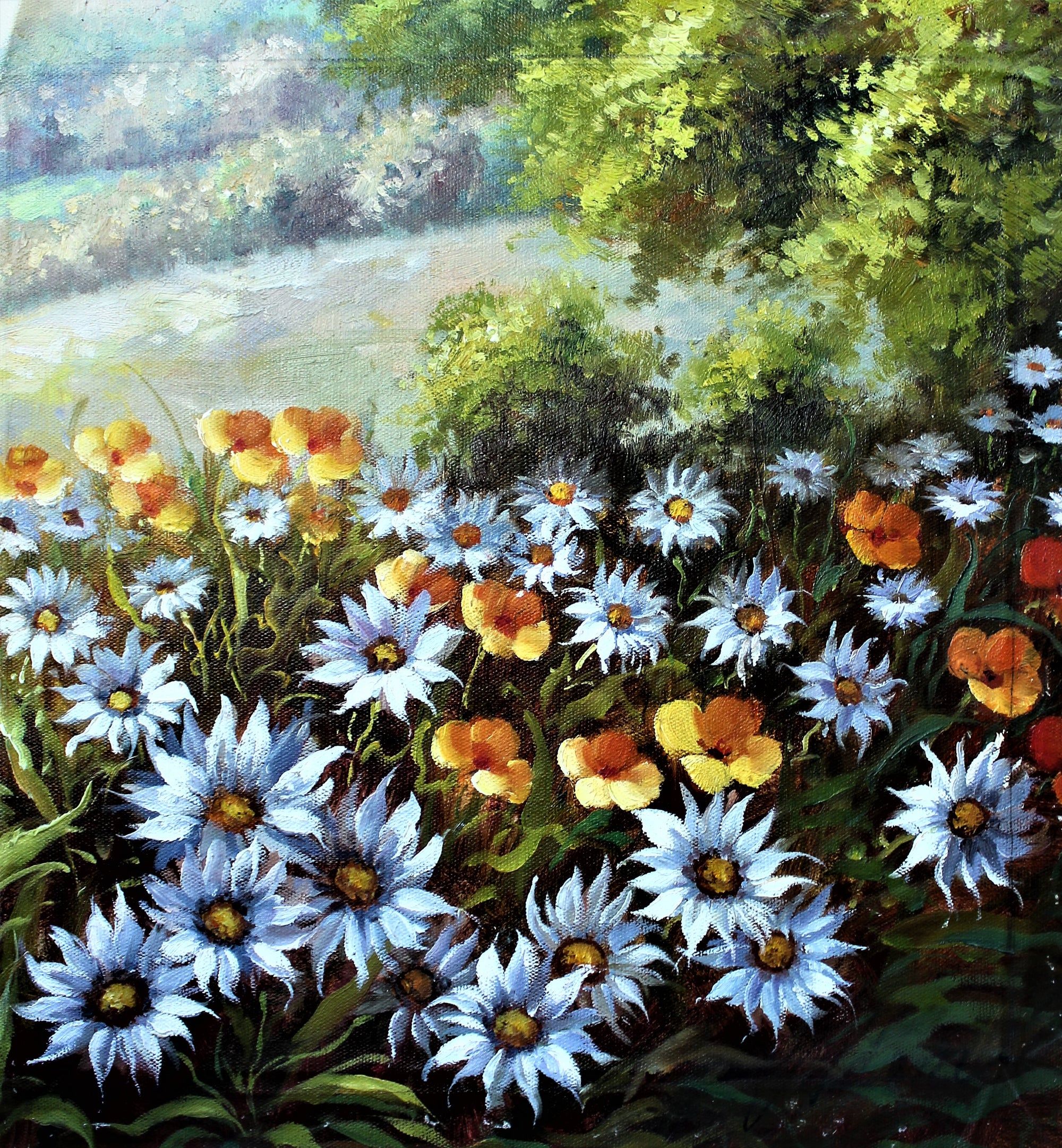 Champ de fleurs jaunes et bleues