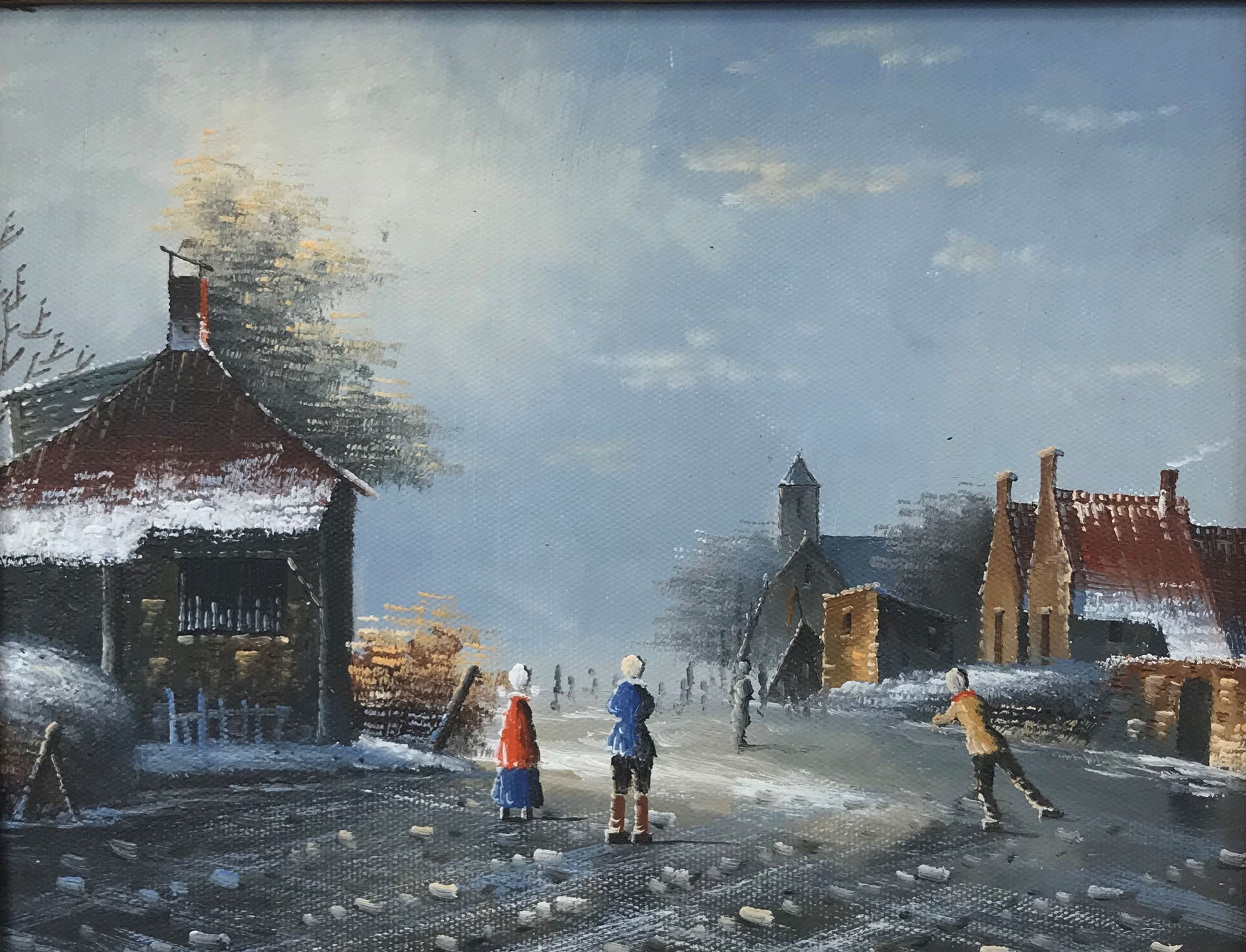 Personnages dans un village d'hiver