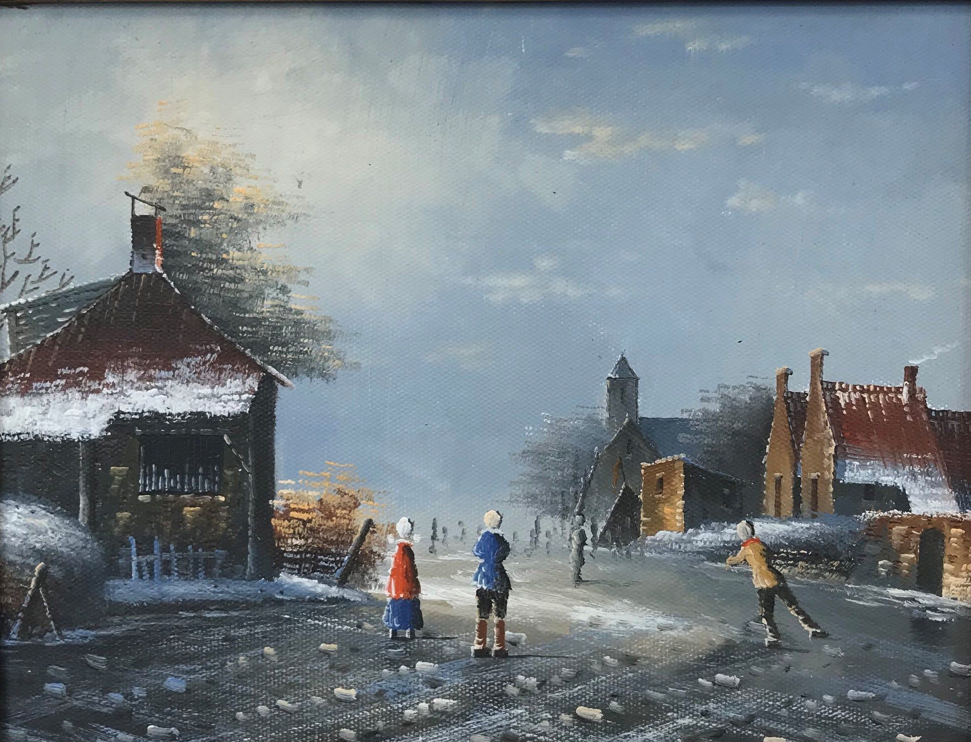 Personnages dans un village d'hiver