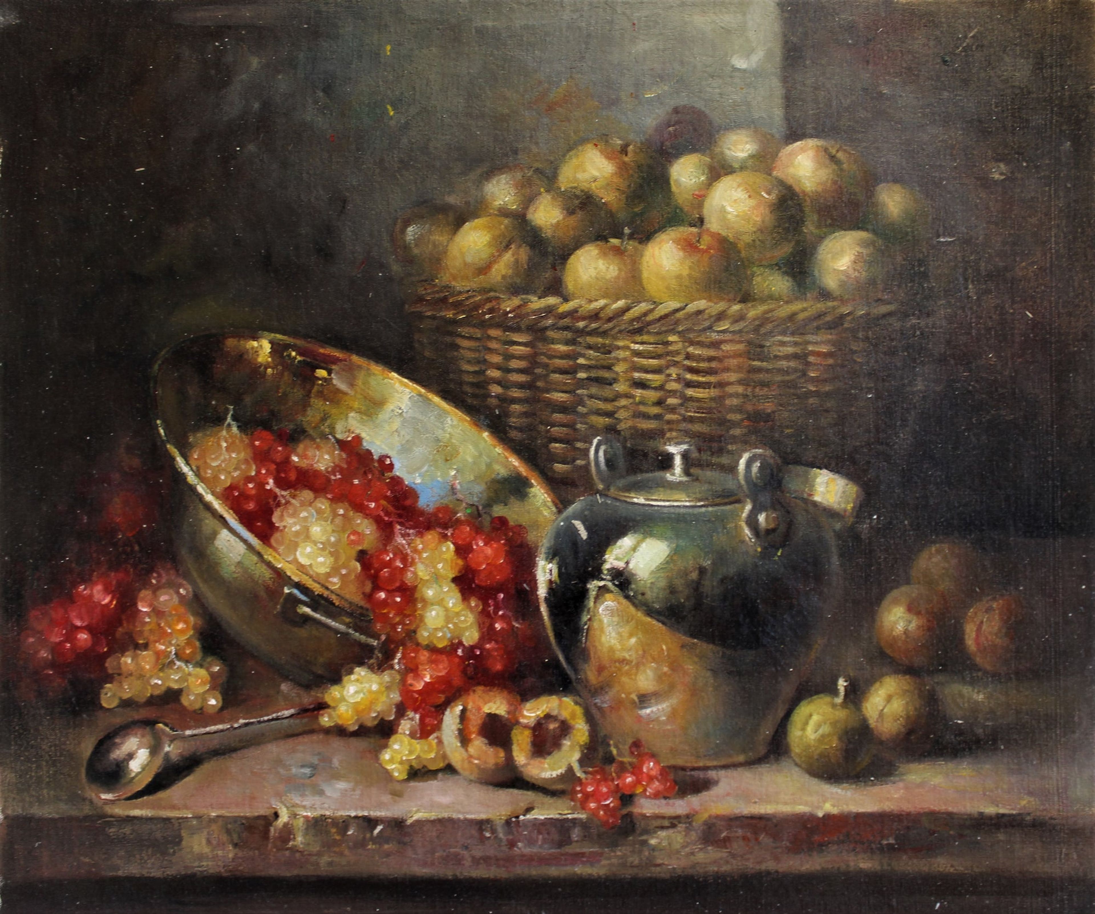 Nature morte de raisins, de pommes et de poterie