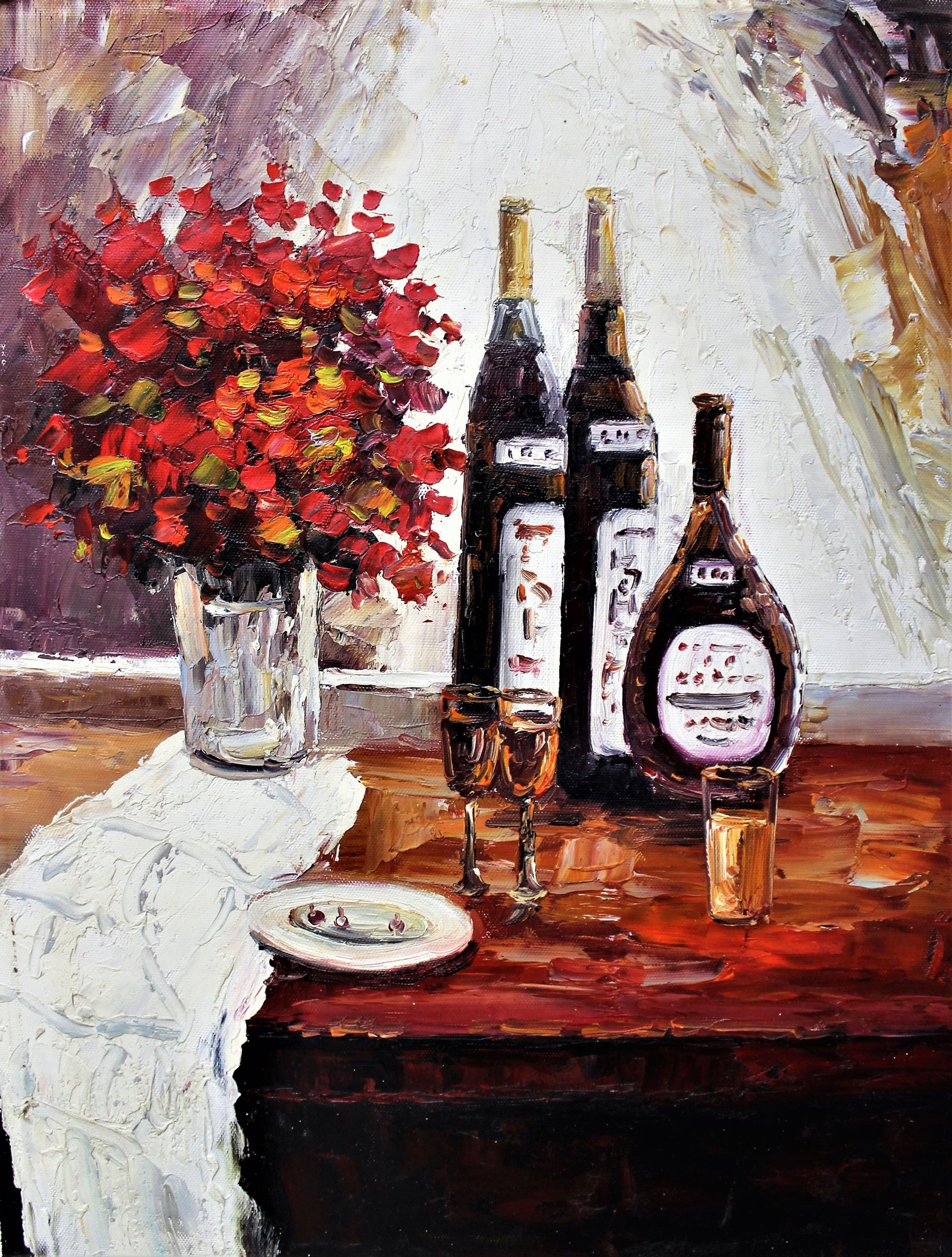 Nature morte de fleurs, verres et bouteilles d'alcool