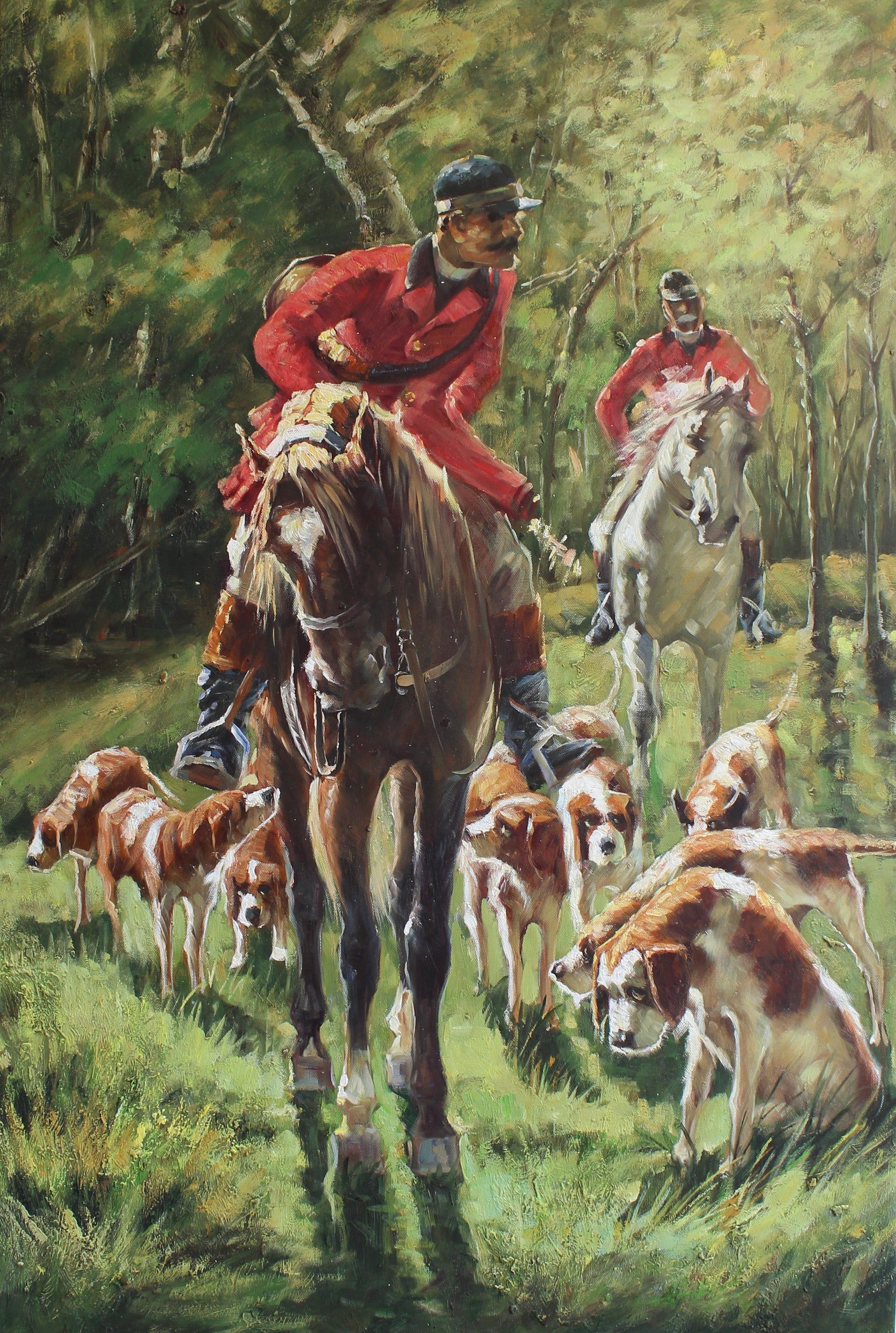 Deux chasseurs avec un groupe de chiens de chasse