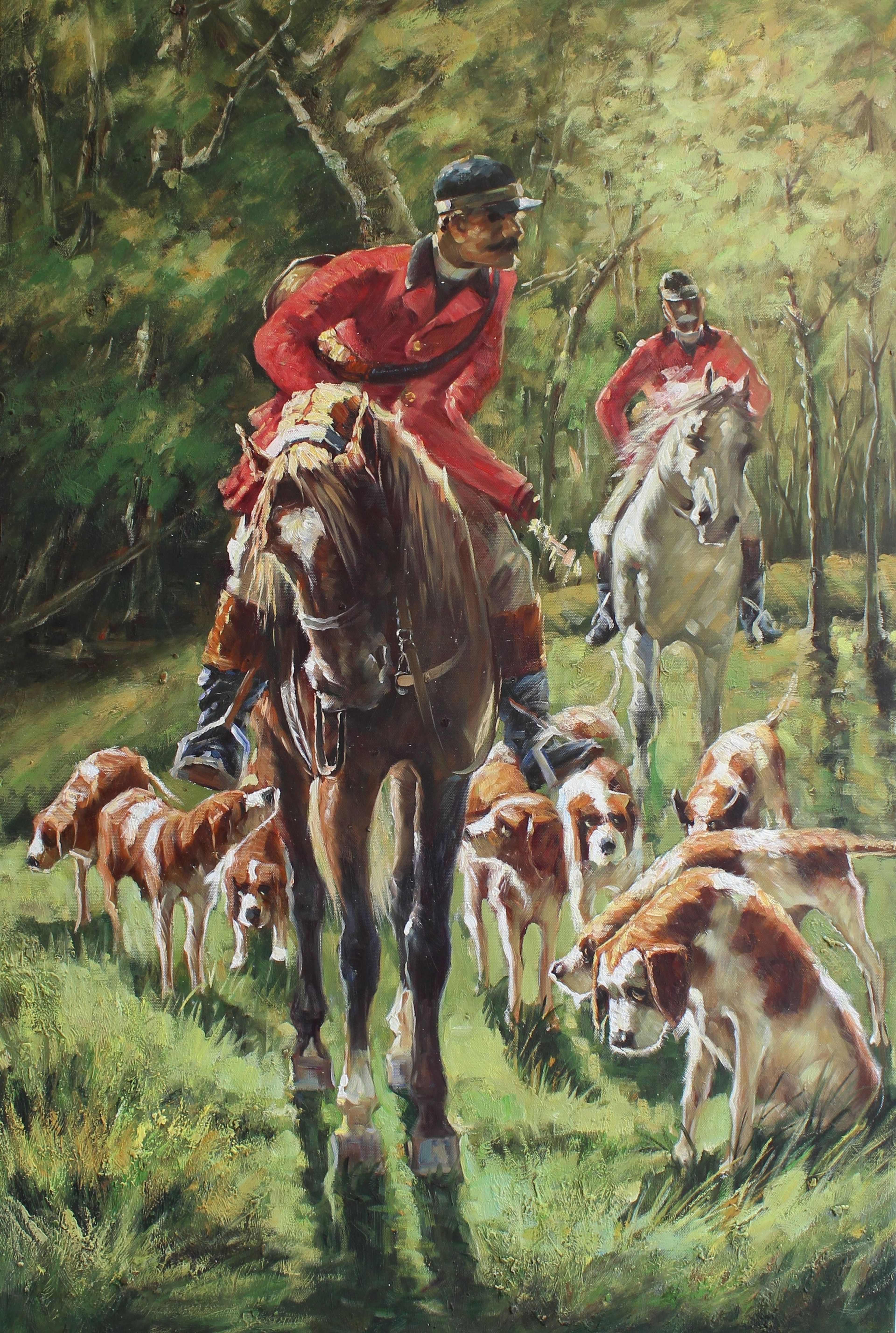 Deux chasseurs avec un groupe de chiens de chasse