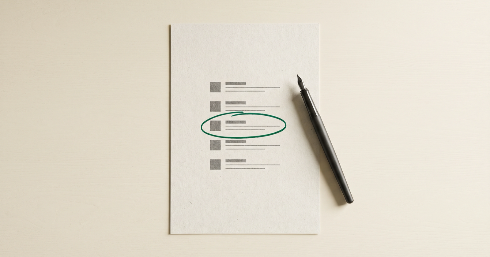 A printed shortlist of six entries on a desk, one entry circled by hand in green ink, a fountain pen beside it