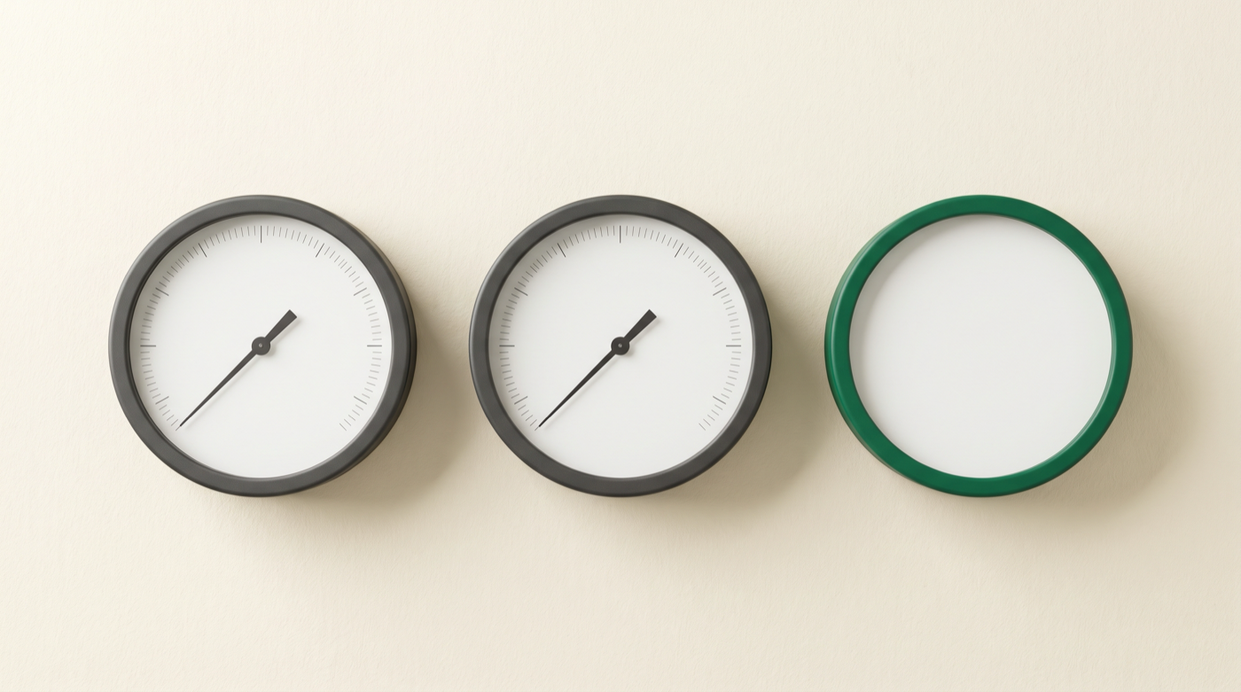 Three round gauges side by side, the first two with a scale and a needle, the third with a blank face and no needle at all