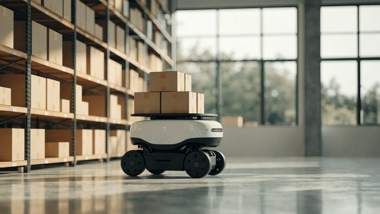 A sleek white-and-black autonomous delivery robot carries a stack of cardboard boxes down a bright modern warehouse aisle lined with stocked shelving, daylight pouring through tall windows.