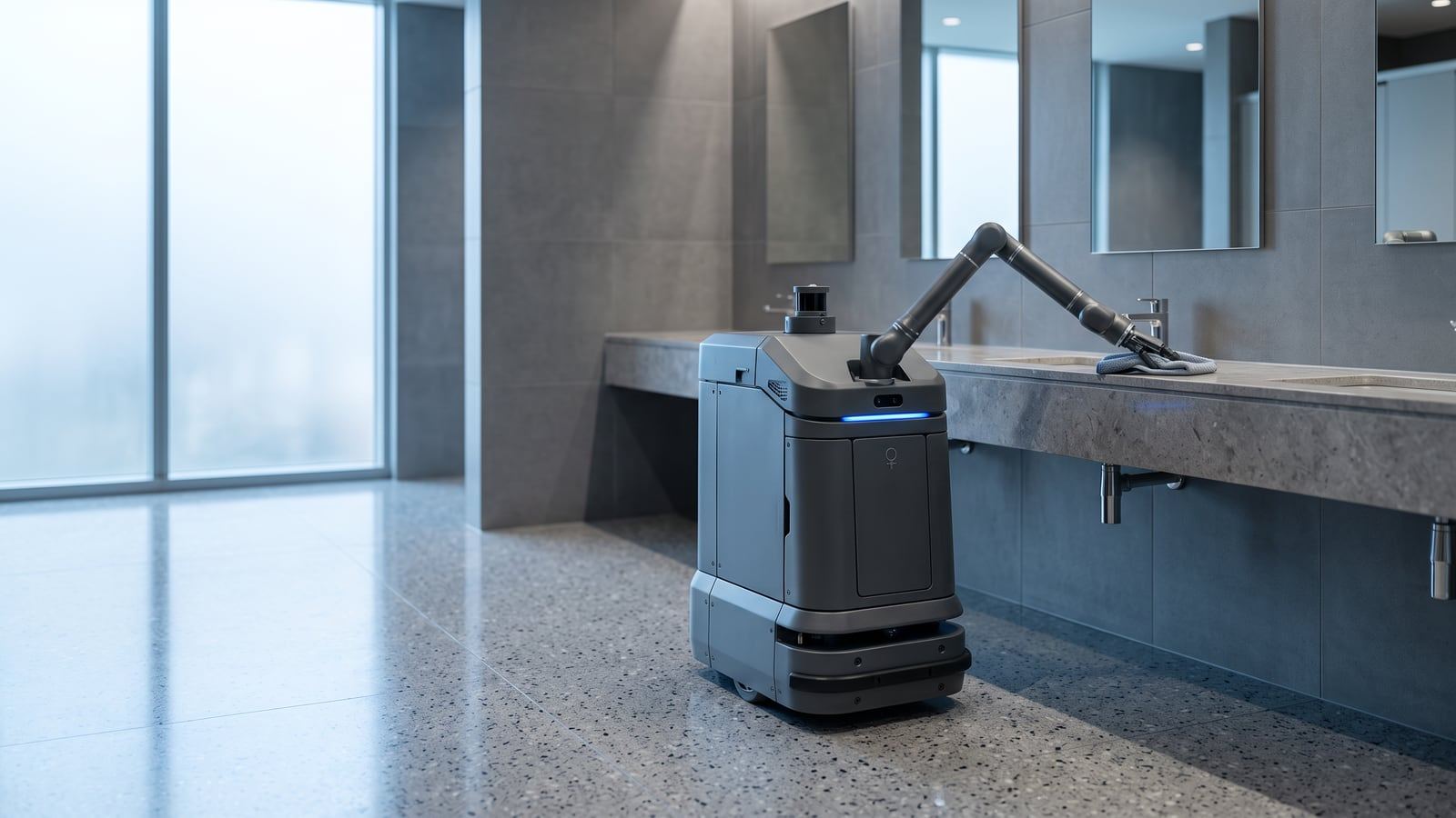 A real commercial cleaning robot with a matte grey mobile base, sensor mast and articulated arm wipes a washbasin counter in a modern office washroom.
