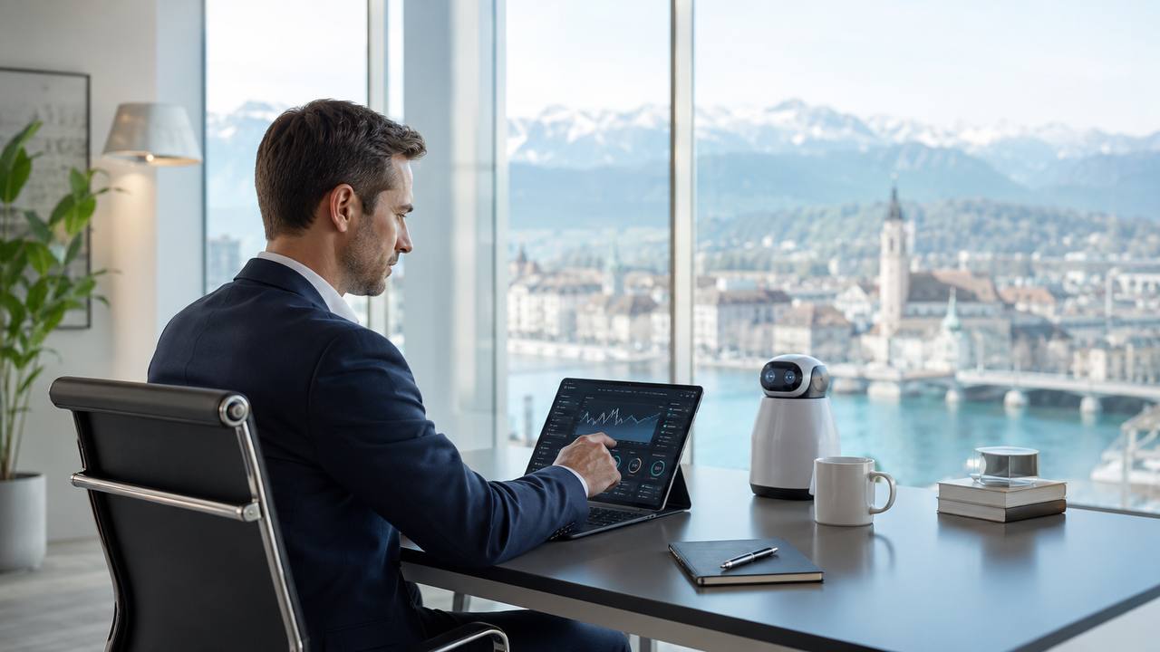 A businessman in a suit reviewing financial charts on a tablet at a desk overlooking the Lake of Lucerne and the Swiss Alps, with a small white robot beside him — Swiss finance meets robotics.