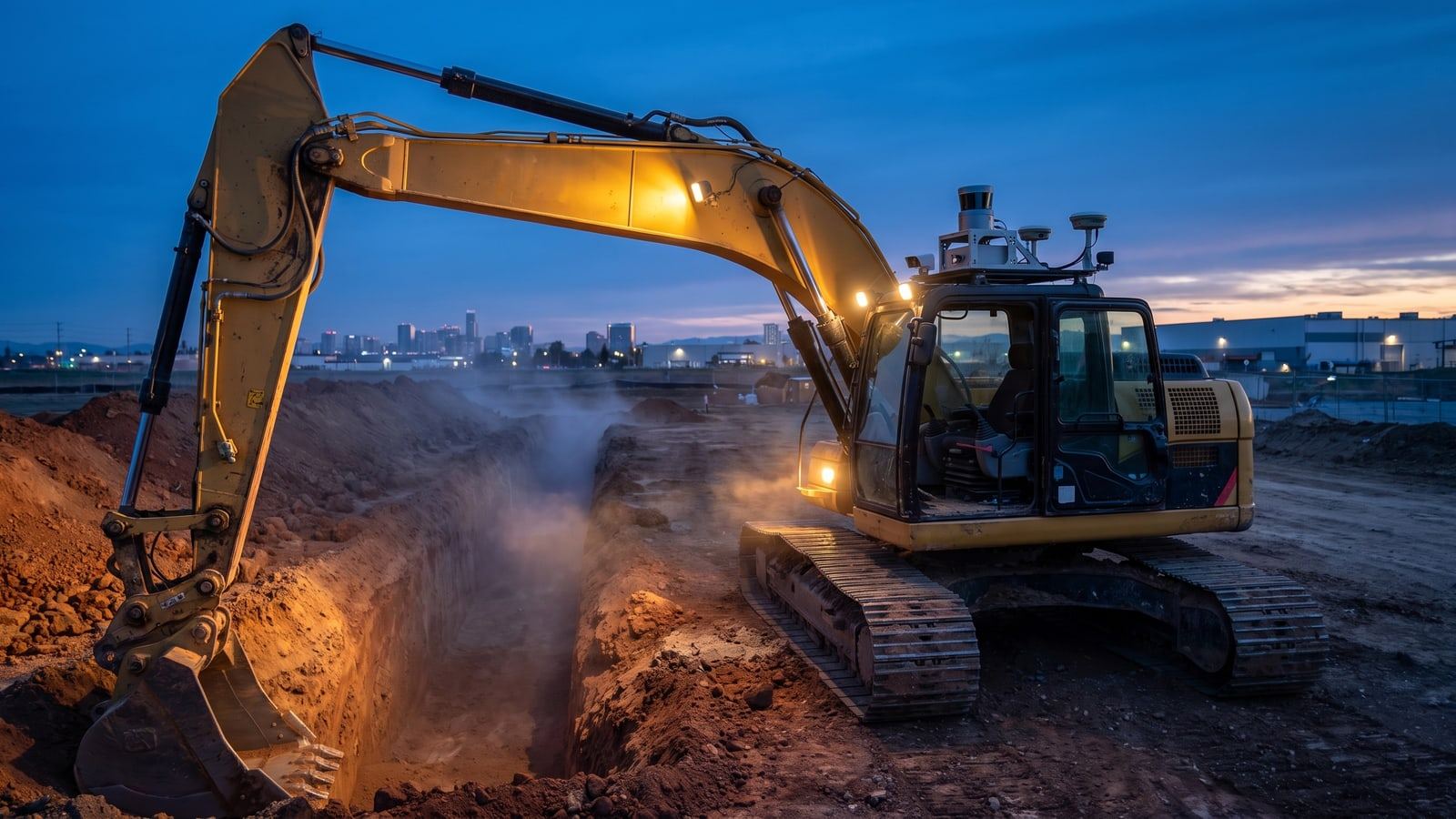 A real yellow hydraulic tracked excavator working on a construction site, with a retrofit autonomy sensor rack mounted on the roof of its empty operator cab.