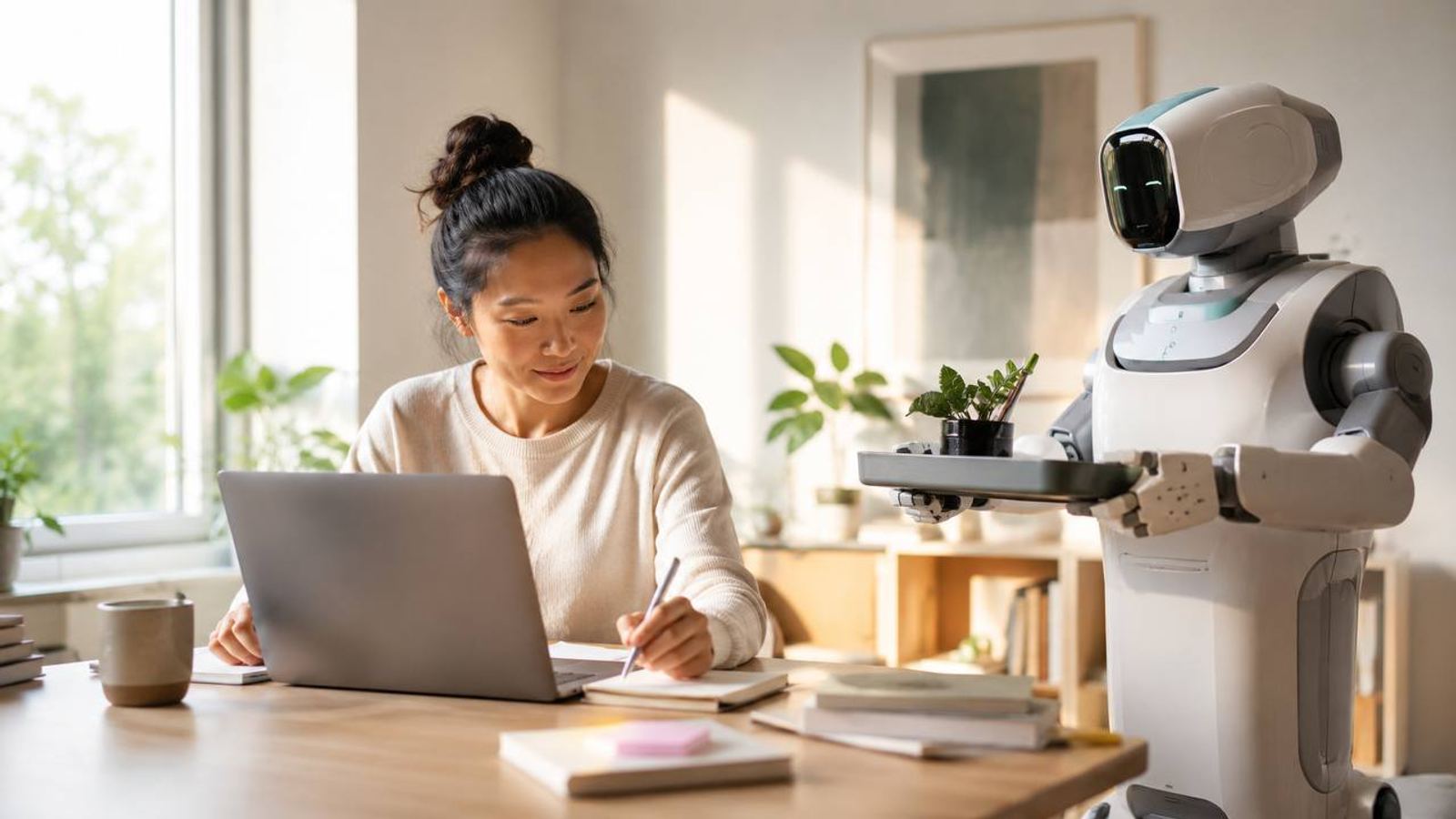 A young woman writing in a notebook beside her laptop while a friendly humanoid service robot brings her a tray with a potted plant in a sun-lit home interior.