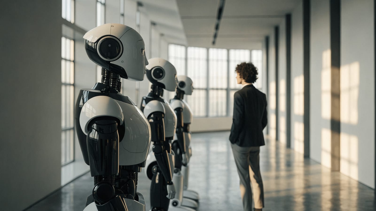 Eine Person in legerer Kleidung steht mit den Händen in den Taschen in einer hellen, modernen Halle und blickt auf eine ordentliche Reihe schlanker weiss-schwarzer humanoider Roboter, die in die Unschärfe zurückweicht, warmes Tageslicht durch hohe Fenster.