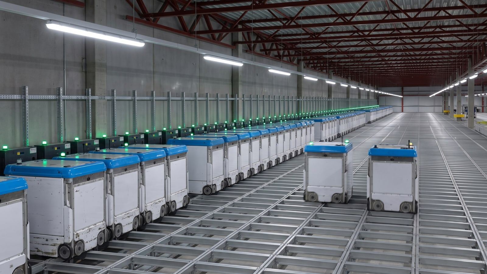 Rows of real boxy warehouse robots parked at charging bays inside an automated fulfilment centre, with two more moving along the grid.