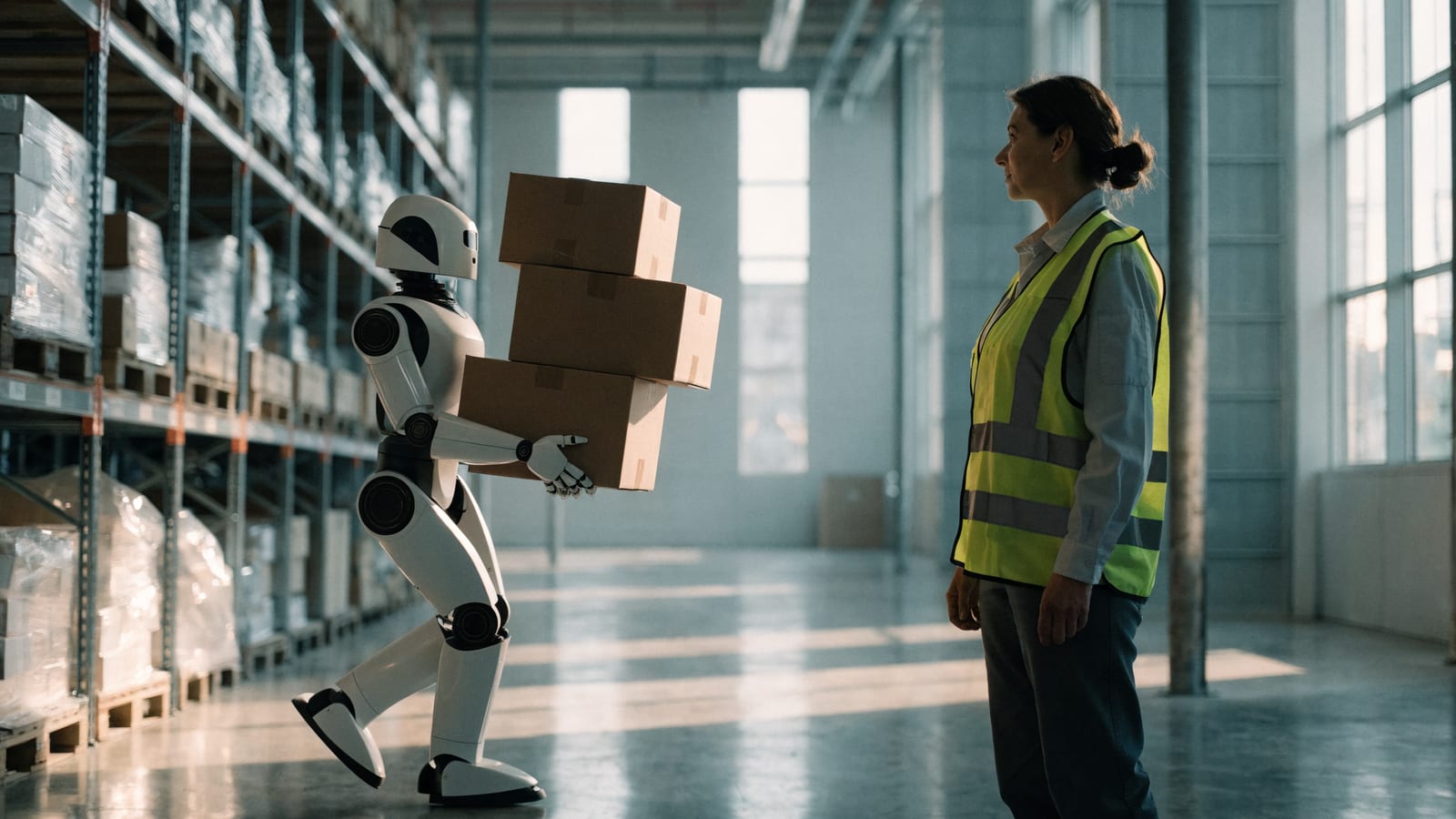 A warehouse worker in a high-visibility vest stands in a bright modern logistics facility, watching a sleek white-and-black humanoid robot carry a stack of cardboard boxes along an aisle of stocked shelving, soft daylight through tall windows.