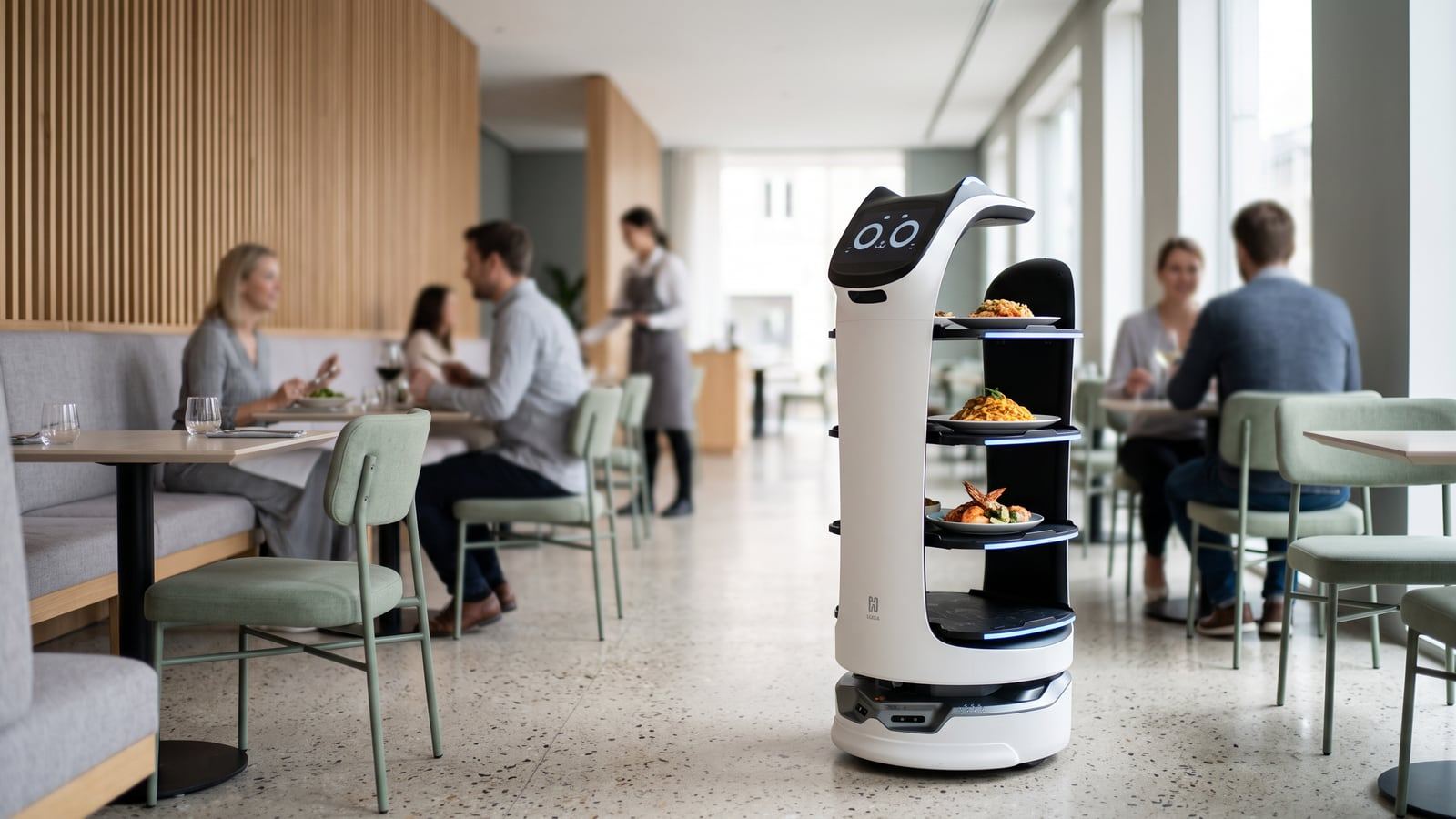 A real white service robot with stacked trays carries plates through the aisle of a bright modern restaurant while guests eat at the tables.