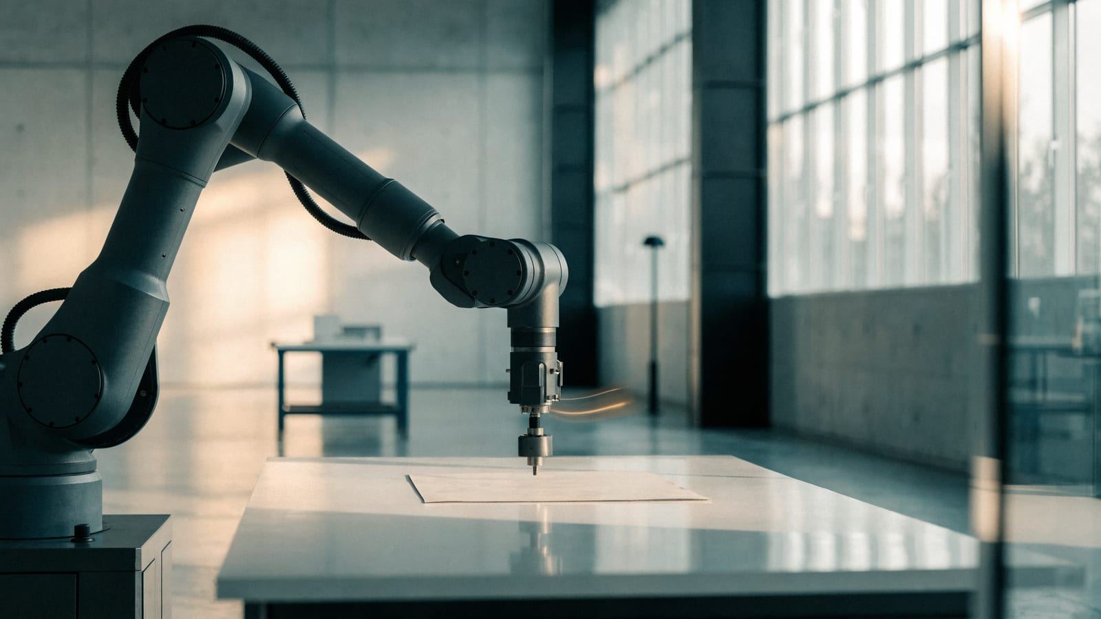 A real six-axis industrial robotic arm performs a precise movement over a workbench in a bright modern facility, a subtle motion trail following its tool head, soft daylight through tall windows.