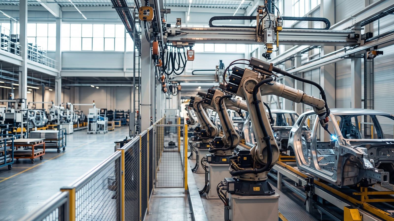 A row of real six-axis industrial welding robots working along a car body assembly line in a bright modern automotive plant.