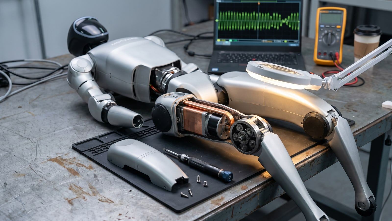 A real Unitree G1 humanoid robot on a workshop bench with one leg actuator opened, tools and a laptop beside it.