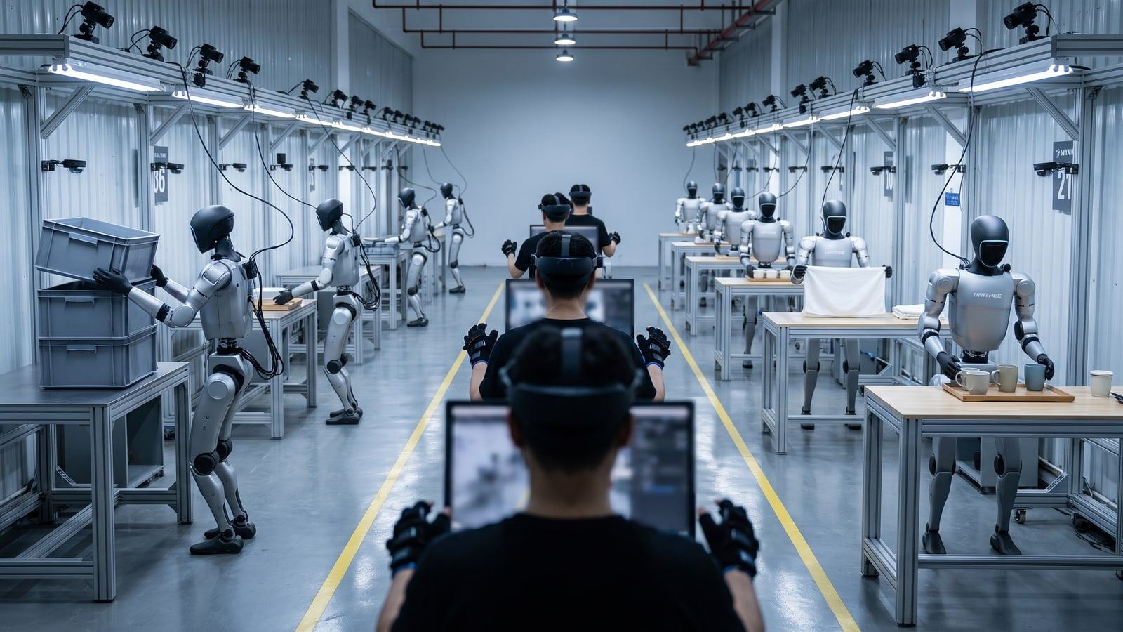 Rows of real compact humanoid robots at numbered training bays in a data-collection centre, handling totes and towels, with teleoperators out of focus in the background.