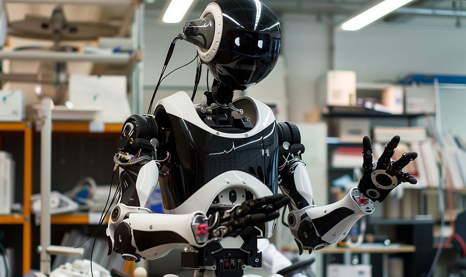 A black-and-white humanoid robot with exposed wiring and articulated hands gestures in a robotics development lab.