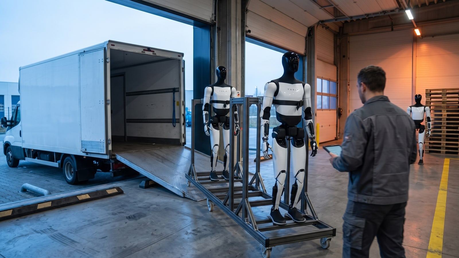 Real Tesla Optimus humanoid robots being delivered on a wheeled transport frame at the loading dock of a customer's warehouse.