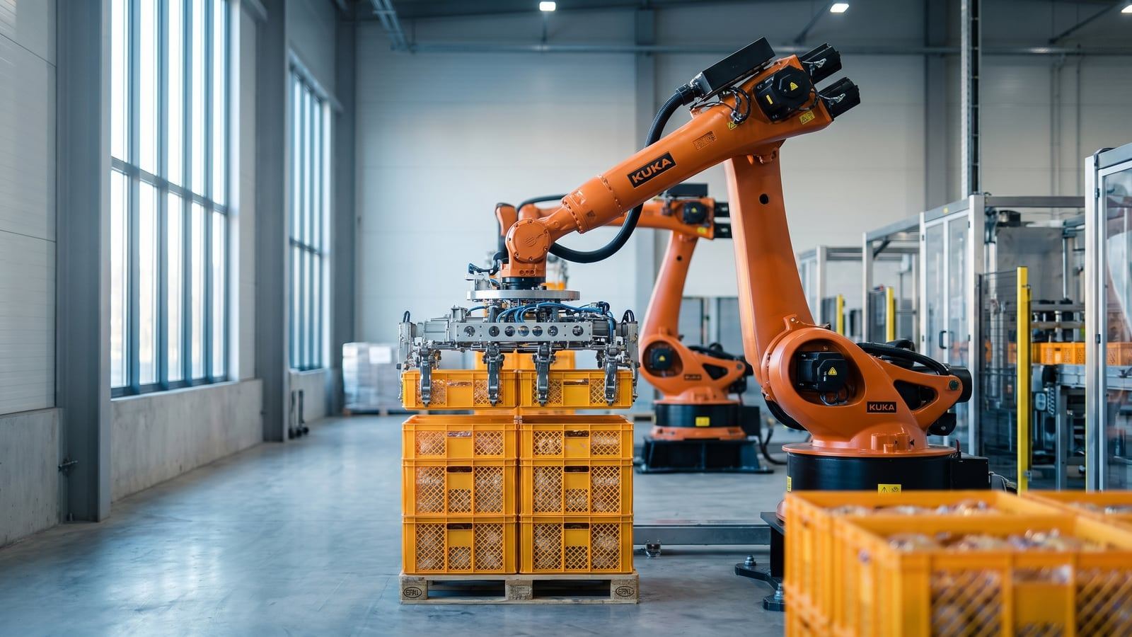 Real orange KUKA palletizing robot arms stack yellow crates in a bright modern factory hall with tall windows, soft daylight.