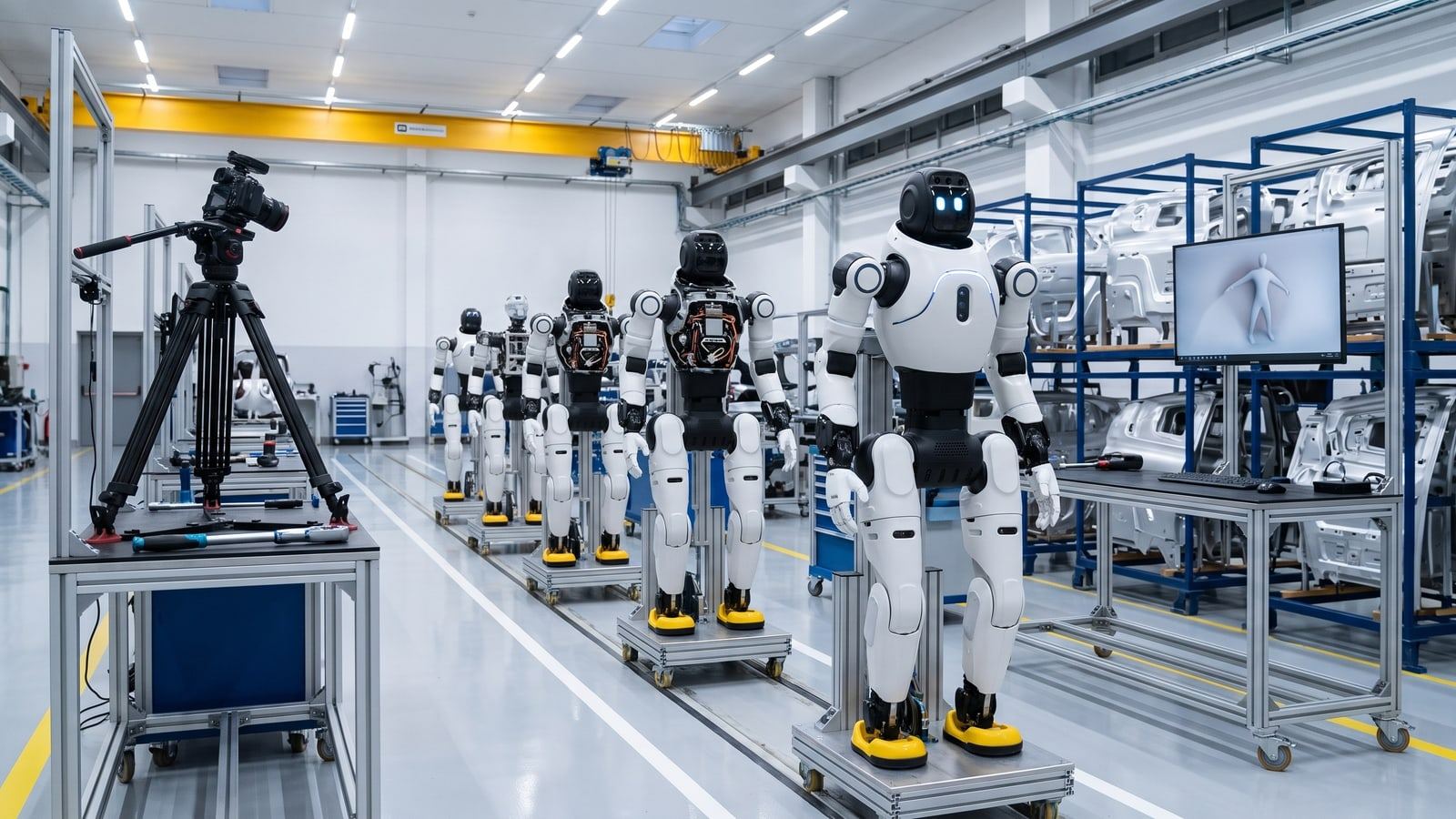 A row of real AgiBot humanoid robots standing on an assembly line inside a bright industrial plant, with technicians' workstations and test rigs alongside.