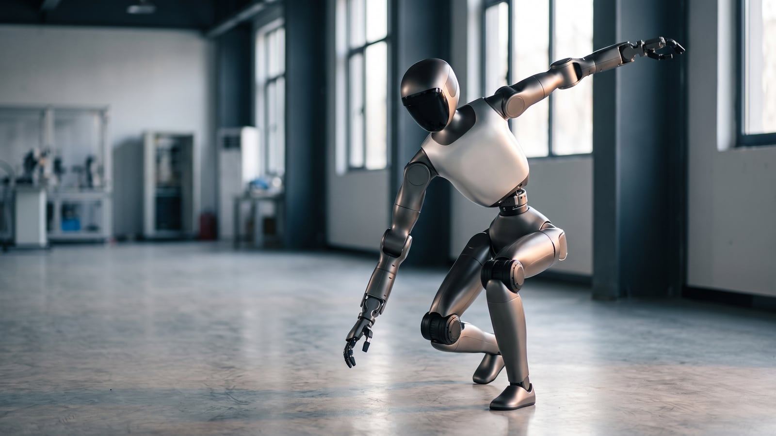 A real full-size humanoid research robot with white armoured panels and exposed joint actuators stands mid-stride in a bright modern engineering hall.