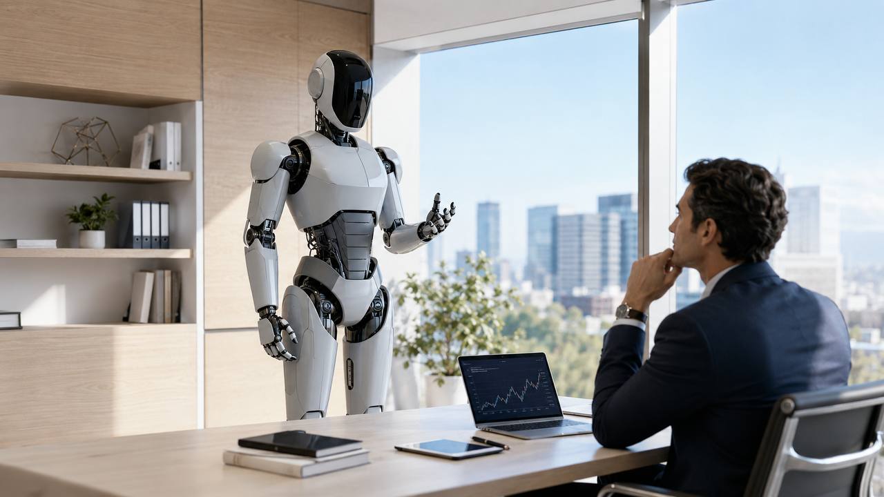 Ein weisser humanoider Roboter steht gestikulierend in einem sonnigen modernen Büro und spricht mit einem Geschäftsmann am Schreibtisch, auf dem ein Laptop mit Börsenchart liegt; hinter dem Fenster eine Skyline.