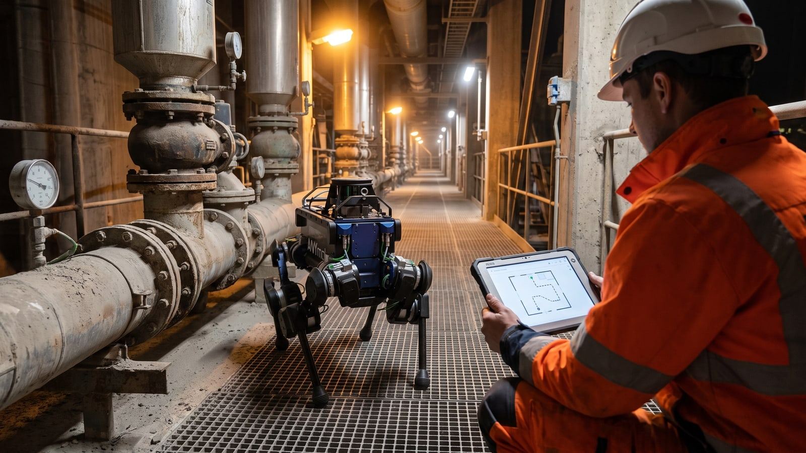 Ein echter vierbeiniger Inspektionsroboter ANYmal auf einem Stahlsteg in einem Zementwerk bei Nacht, daneben ein Techniker mit einem Tablet, das seine Route zeigt.