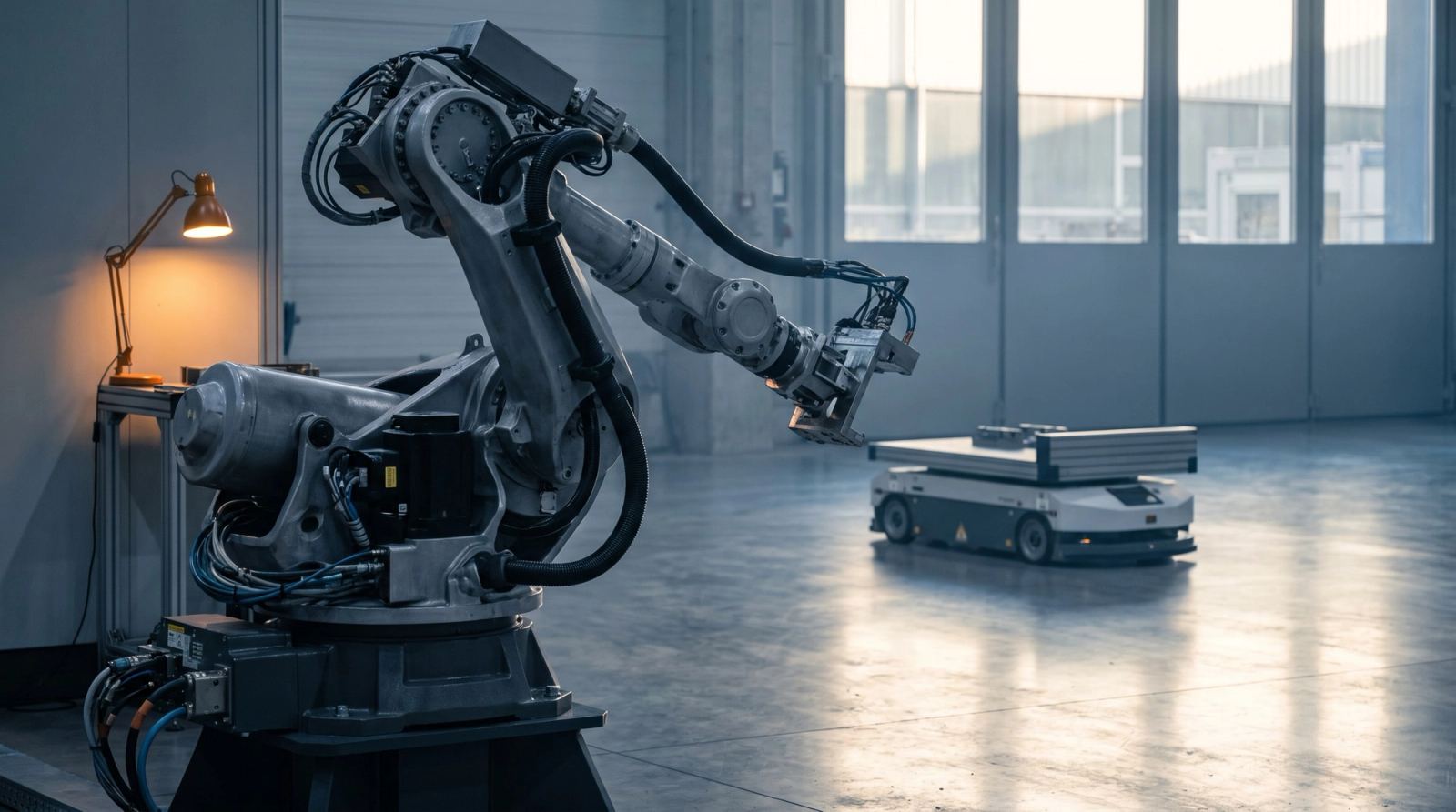 A real six-axis industrial robot arm at work in a bright Swiss production hall, an autonomous logistics robot waiting in the background — the working machines that back the beep token.