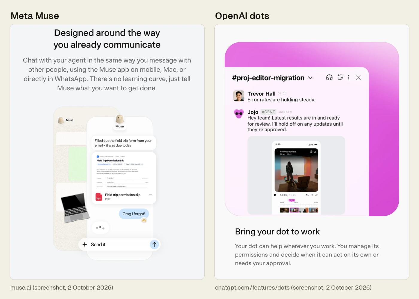 The muse.ai section saying you can chat with Muse in the Muse app or directly in WhatsApp, with Meta's picture of a Muse chat, next to ChatGPT's dots page showing a dot named Jojo posting in a team chat channel under the heading Bring your dot to work