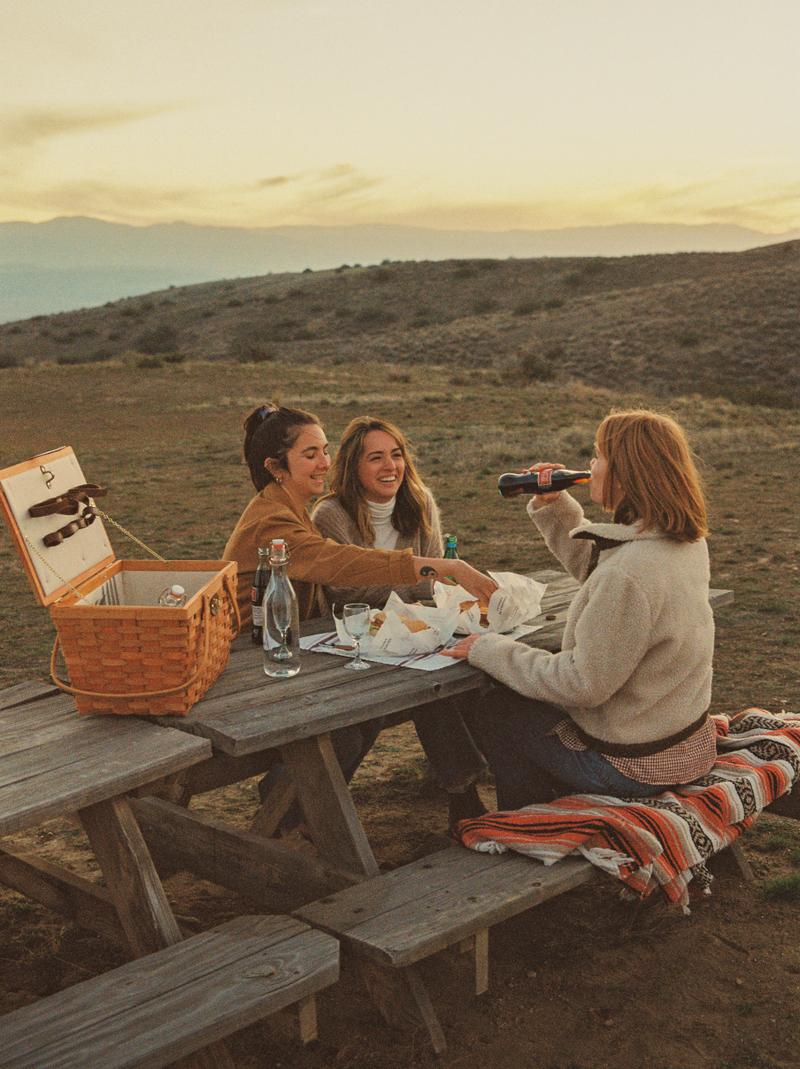 A packed lunch and a striped blanket on a weathered picnic table.