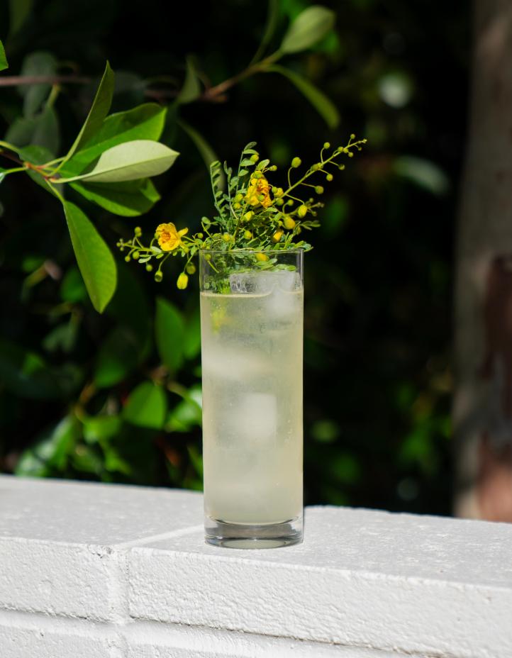 A tall glass of iced drink garnished with cucumber on an outdoor table.
