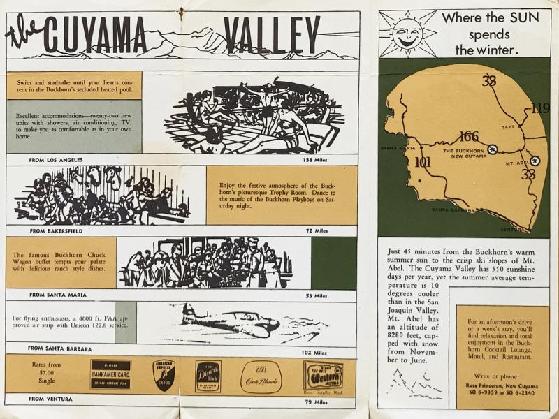 A vintage Cuyama Valley brochure with illustrations of the Buckhorn and a map of the area.