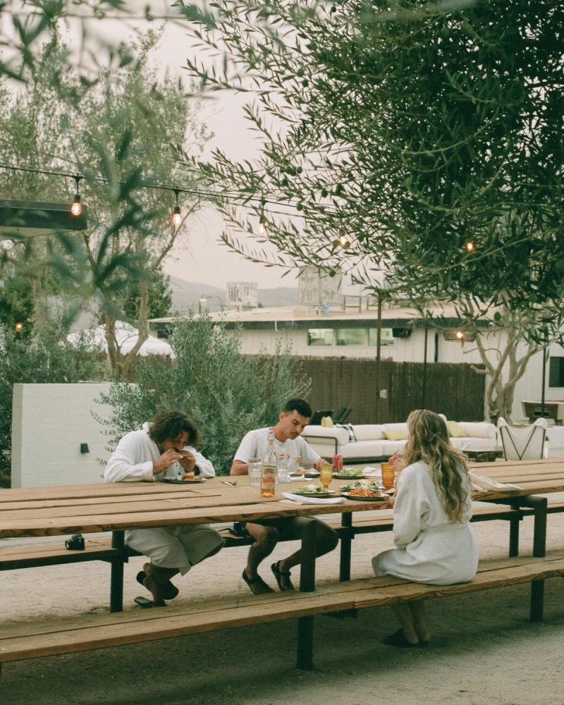Guests eating together at a long picnic table under olive trees and string lights.