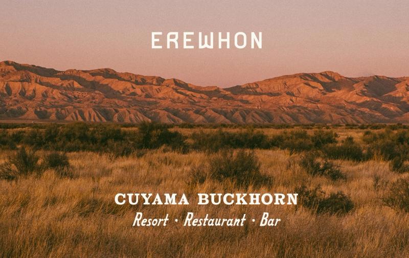 The Cuyama Valley at dusk under a pink sky, with the Erewhon and Cuyama Buckhorn wordmarks over it.