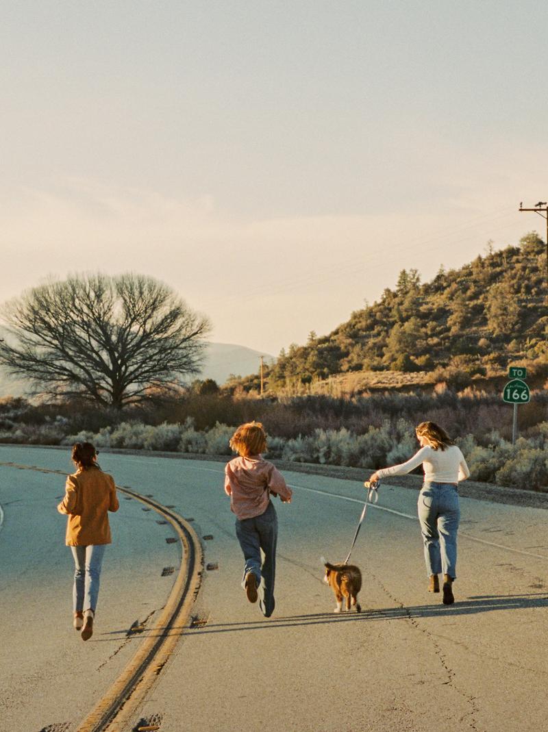 A family walking a dog along the railway tracks at dusk with the hills behind.