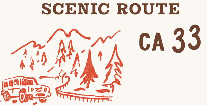 Scenic Route CA 33 illustration with mountains, pines and a road-tripping van