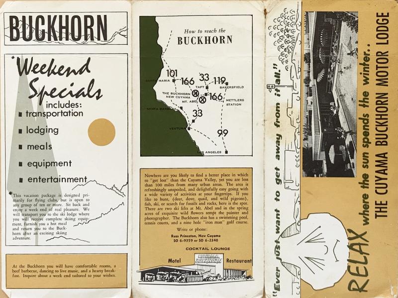 A vintage Cuyama Valley brochure with illustrations of the Buckhorn and a map of the area.