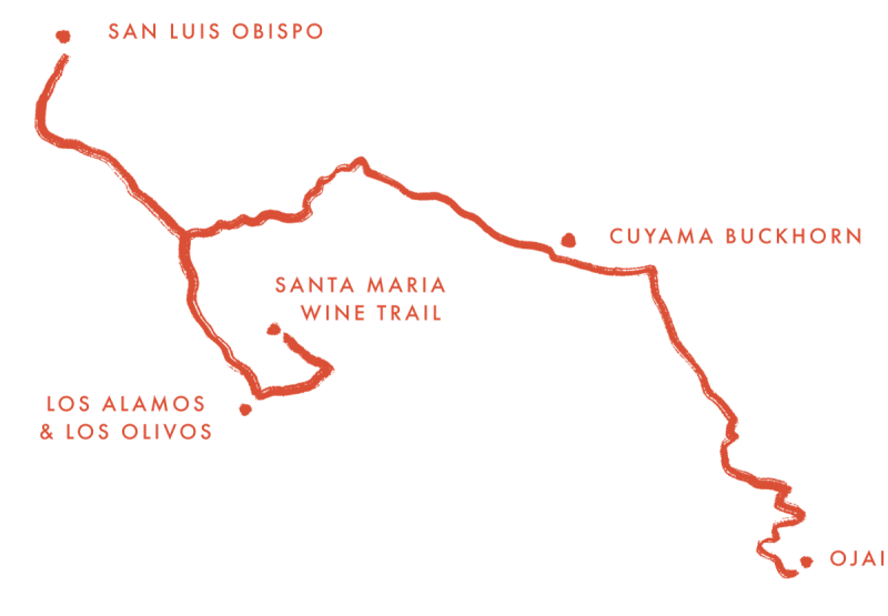 Hand-drawn map of a route through the Santa Maria Wine Trail,  linking San Luis Obispo, Los Alamos and Los Olivos, Cuyama  Buckhorn, and Ojai
