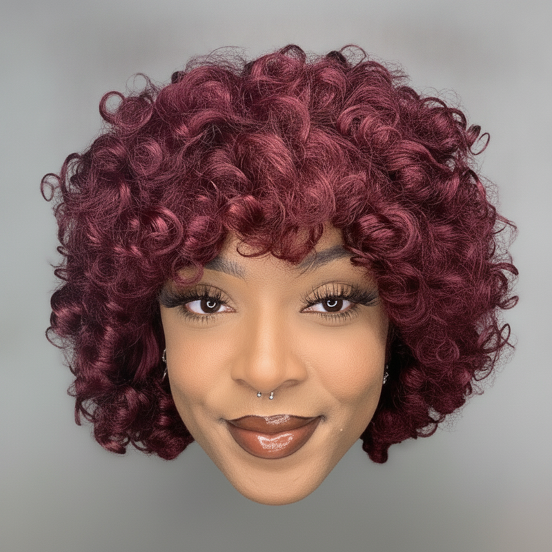 Burgundy Rose Curl Wig with Bangs