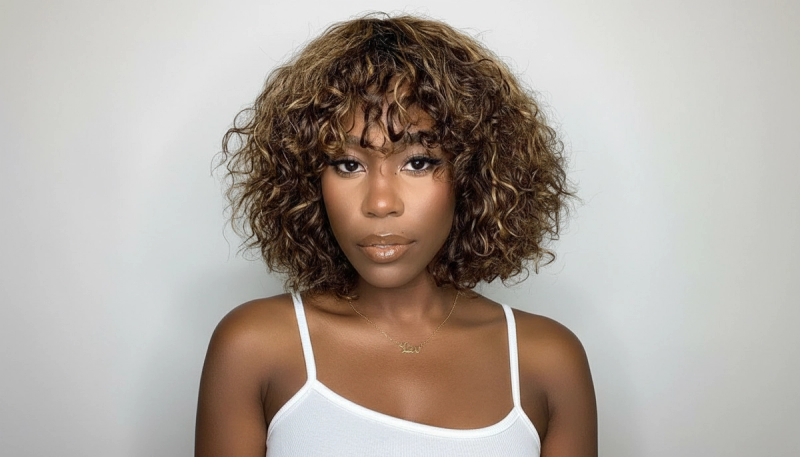 Blonde Highlight Kinky Curly Glueless Wig with Bangs