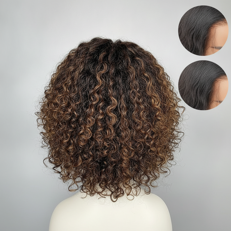 Blonde Highlight Short Kinky Curly Glueless Wig