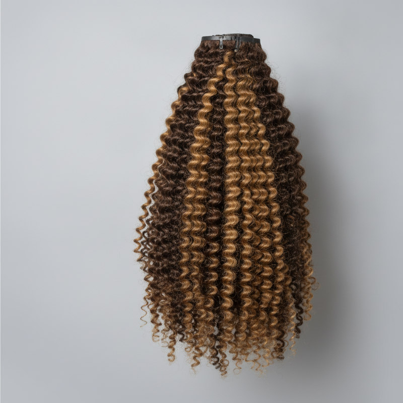 Seamless Kinky Curly Clip-In Extensions with Brown Highlights