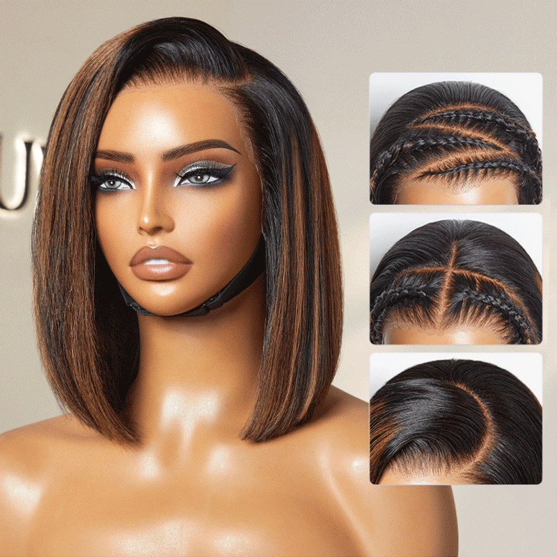 Brown Highlight Blunt Bob with Pre-Cut Lace