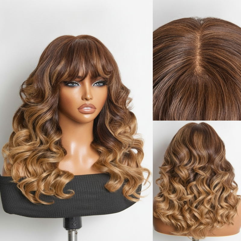 Ombre Blonde Body Wave Closure Wig with Bangs