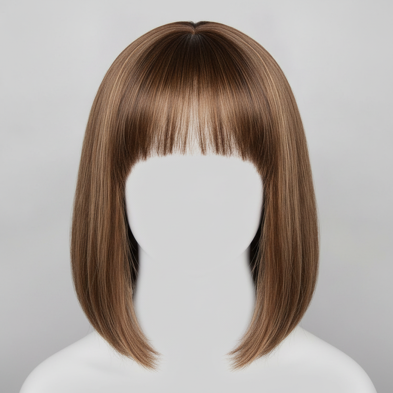 Ash Blonde Highlight Yaki Bob with Bangs